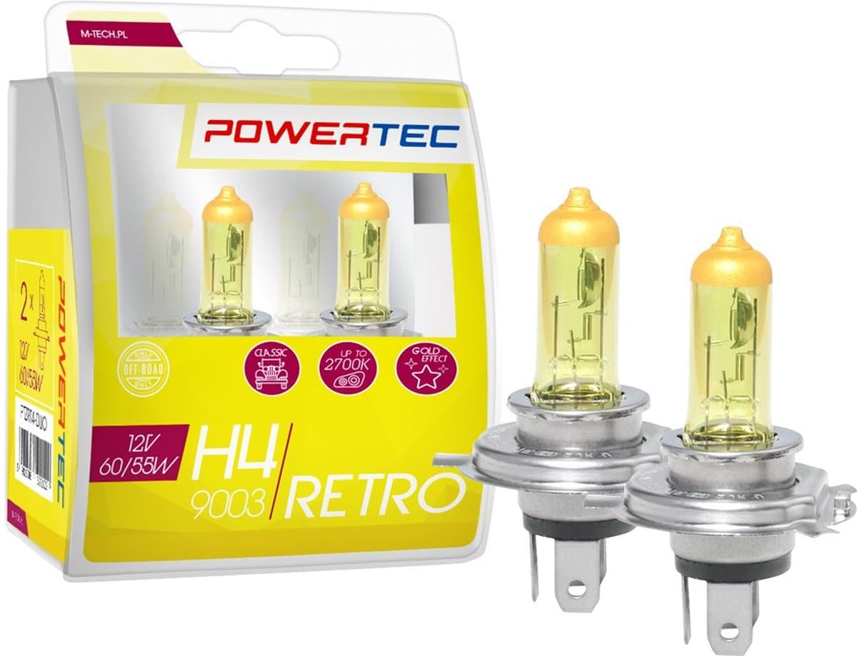 Powertec Retro H4 12V – Gele Autolampen Set (2 stuks) (EAN: 5901508522122)
