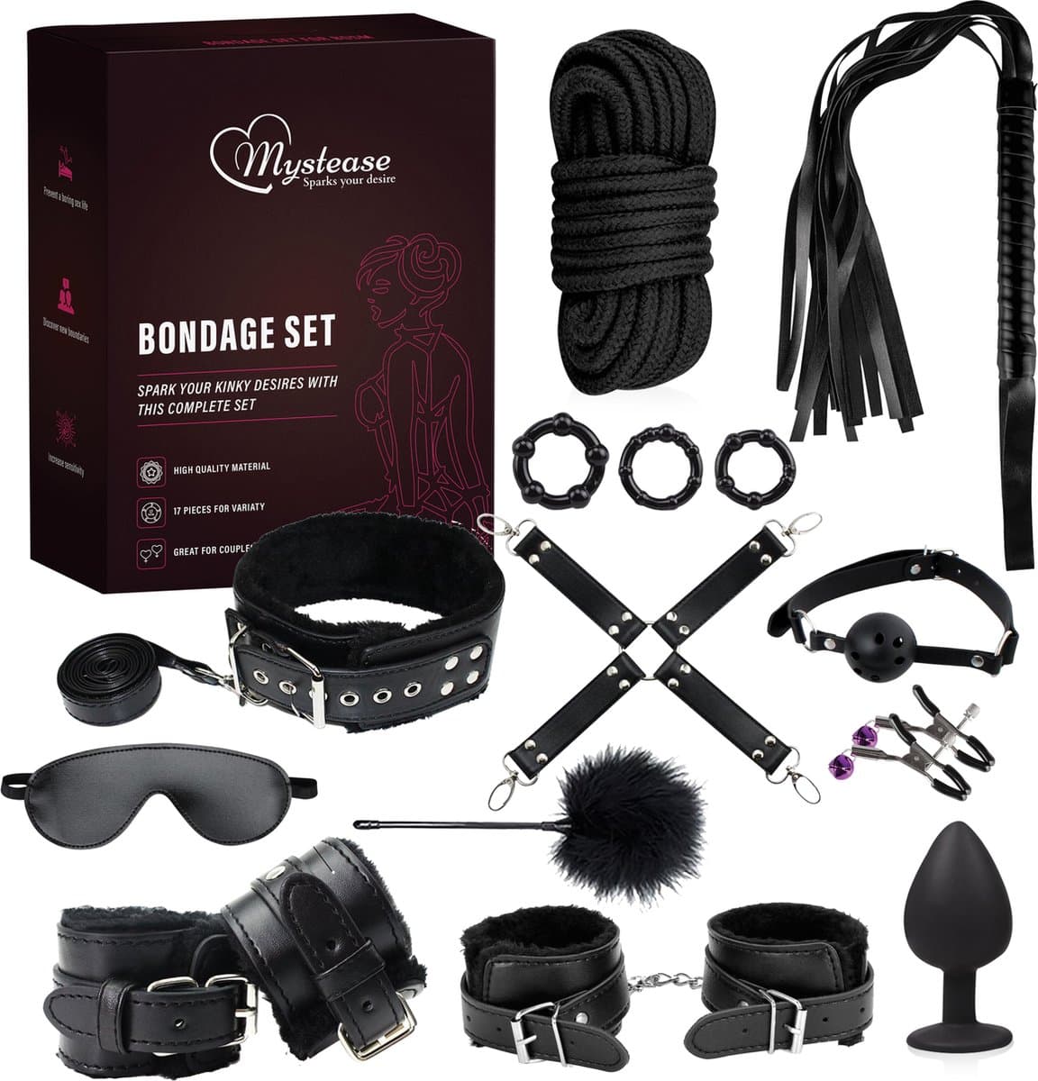 Mystease BDSM Extreme voor Mannen en Vrouwen - Bondage Set 17 Delig - Seksspeeltjes met Buttplugs & Handboeien - Mystease Sex Toys Koppels (EAN: 8720165767519)