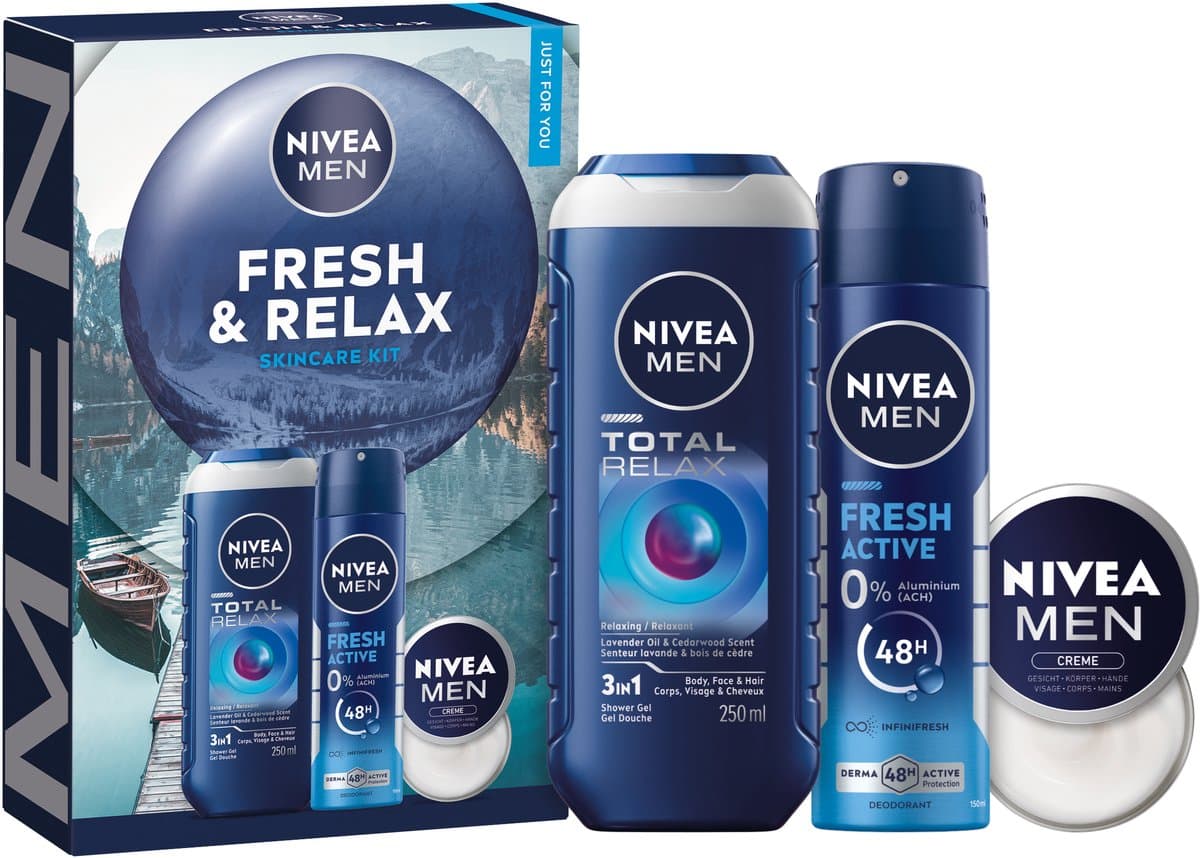 NIVEA MEN Fresh & Relax Geschenkset Mannen - Cadeauset met Douchegel, Deo en Crème - Verjaardag Man - Vaderdag cadeau (EAN: 4006000210575)