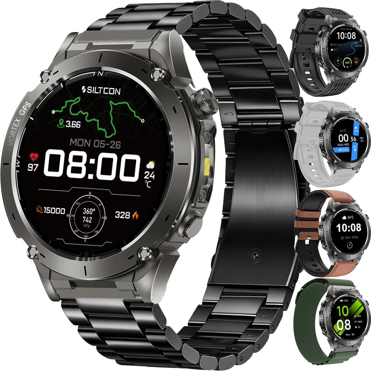 Siltcon® Vortex GPS Smartwatch Heren en Dames - Sport Horloge - Horloge Heren - Stappenteller - Hartslagmeter - Saturatiemeter - Belfunctie - 200+ Sportmodi - Kompas - Zaklamp - Waterdicht - AMOLED - Geschikt voor iOS/Android - 5 Bandjes (EAN: 872...
