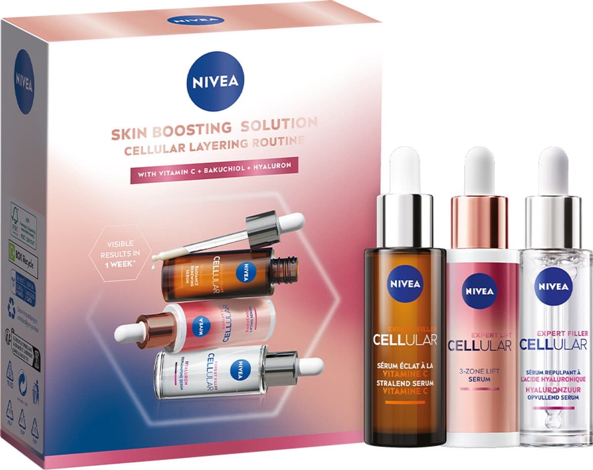 NIVEA Skin Boosting Solution Skincare Trial Geschenkset Vrouwen - Anti-Age Skincare - Cadeaupakket Verjaardag Vrouw - 3x Serum - Moederdag cadeautje (EAN: 4006000243320)
