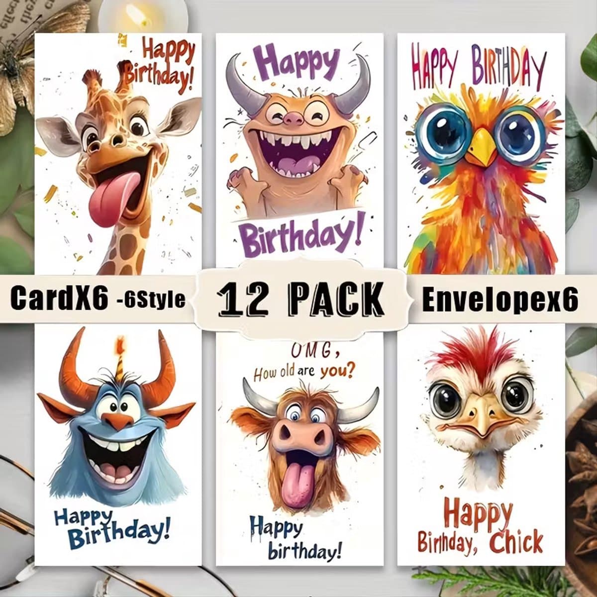 6x Grappige Dieren Verjaardagskaarten Set met Enveloppen – Humoristische Happy Birthday Kaarten voor Kinderen en Volwassenen – Luxe Wenskaarten voor Familie, Vrienden, Collega’s en Feestcadeaus (EAN: 6153901567517)