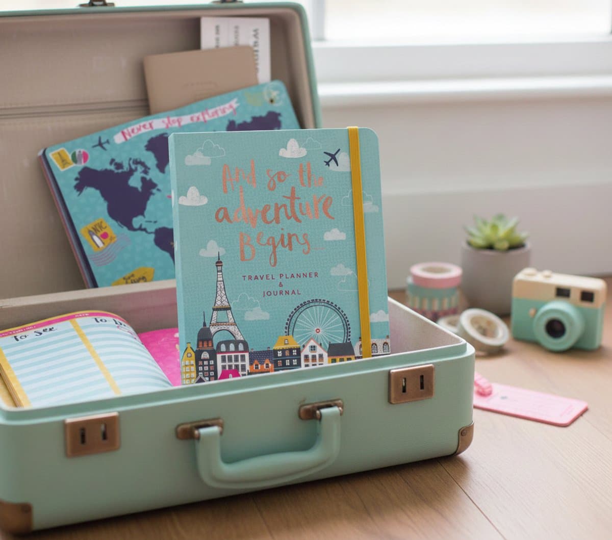 Reisdagboek met Goudfolie, Opbergvak & Elastiek - Travel Journal - Vakantie Dagboek (EAN: 6152523538585)