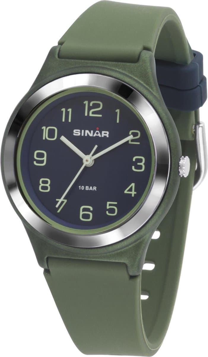 Sinar - Horloge Kind - Kinderhorloge Jongen - Tiener - 10 bar Waterdicht - Analoog - Ø 36 mm - Stevig Siliconen bandje - Verstelbaar (13 - 18,5 cm) - Edelstalen Sluiting - Quartz uurwerk - Groen - XB-48-3 (EAN: 4037921007210): **Design dat straalt...