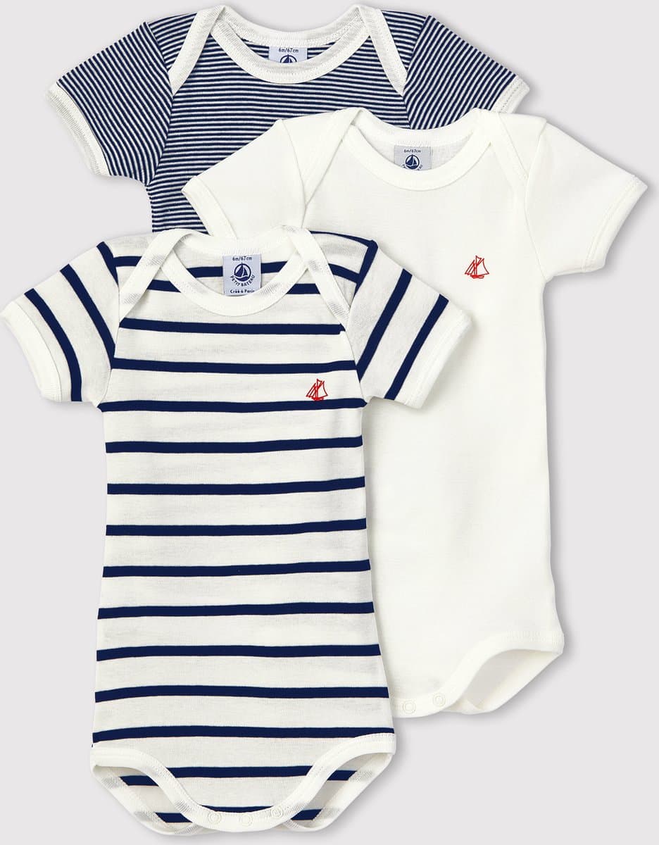 Petit Bateau Set van 3 babyrompertjes met korte mouwen Unisex Rompertje - Wit/Blauw + Blauw/Wit + Wit (EAN: 3666072114419)