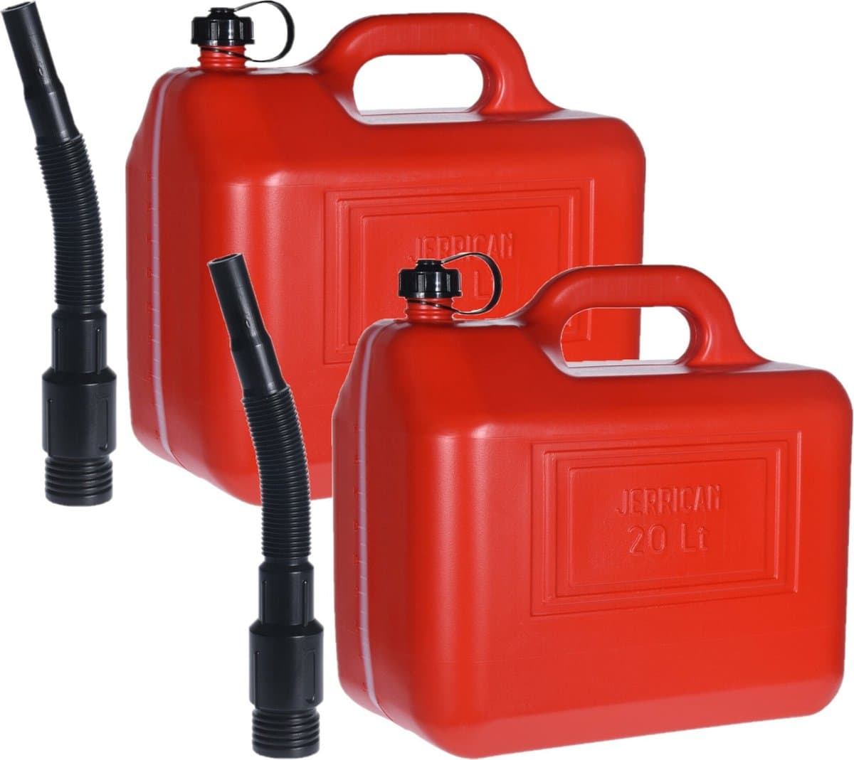 Jerrycan/benzinetank - 2x - 20 liter - rood - kunststof - met lange schenktuit (EAN: 8720768727729)