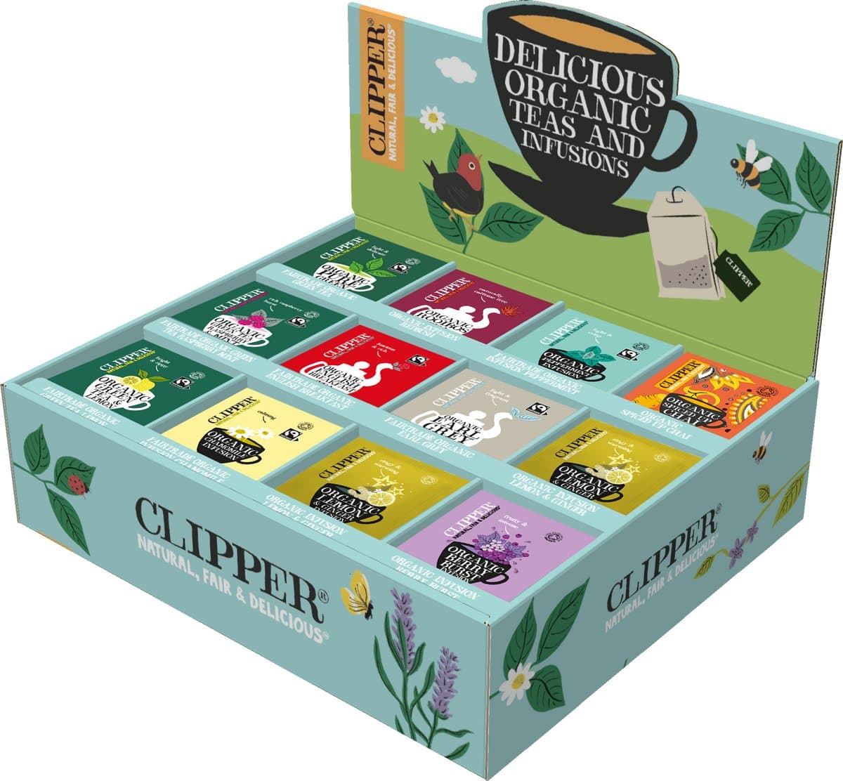 Clipper Biologisch thee - probeer box - assortiment box - 11 verschillende smaken - 12x15 theezakjes - 180 theezakjes (EAN: 5021991945861): Wat zit er in de box
