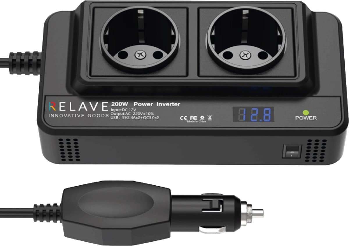 Auto Omvormer Relave 12V - Spanningsomvormer - Gemodificeerde Sinus - 2x 230V Stopcontact - 4x 5V USB Oplaadpoorten - Splitter (EAN: 8720387549580)
