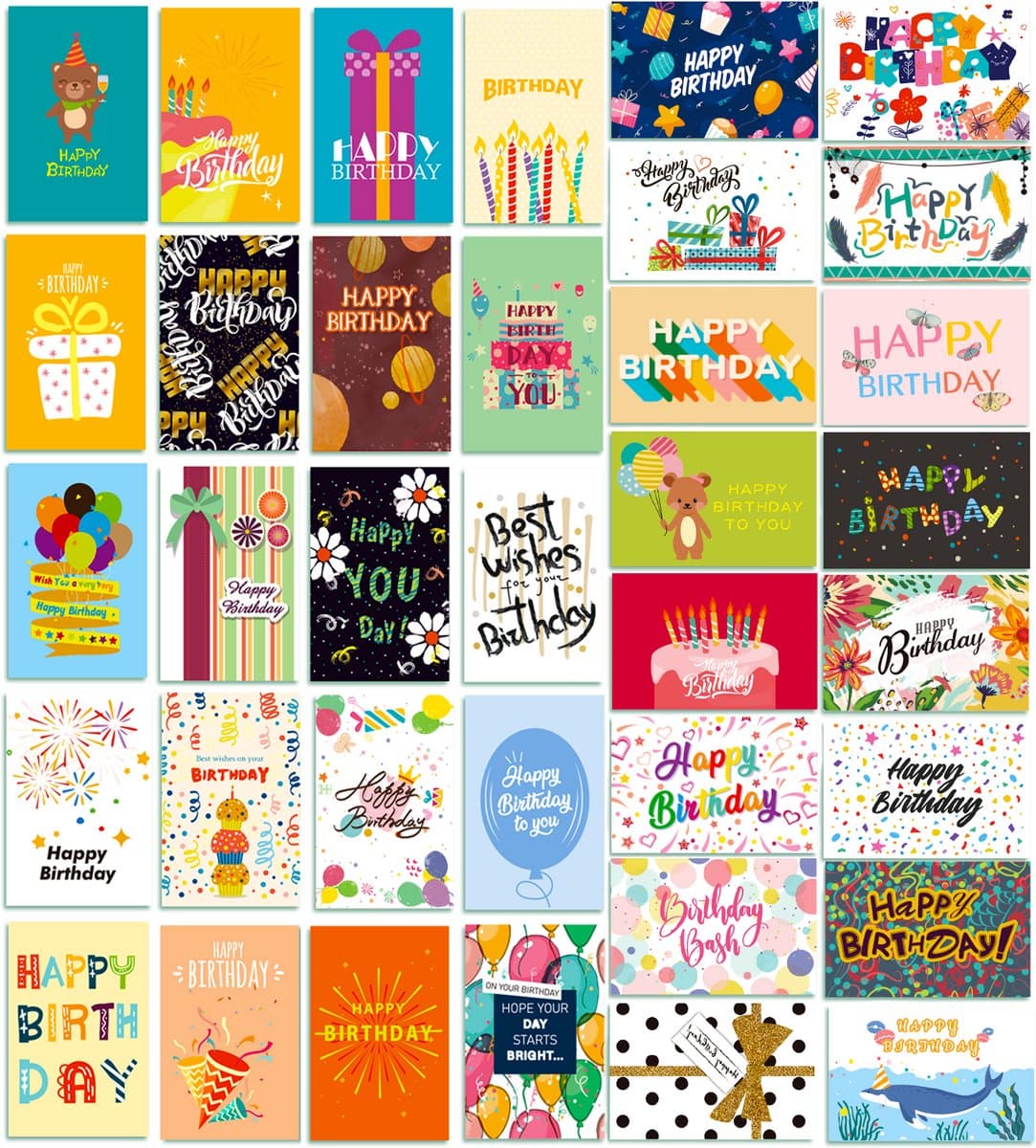 Feestio Verjaardagskaarten met Envelop - Verjaardagskaart - 36 Stuks Wenskaarten - Volwassenen en Kinderen - 10 x 15 cm (EAN: 8721082221863)