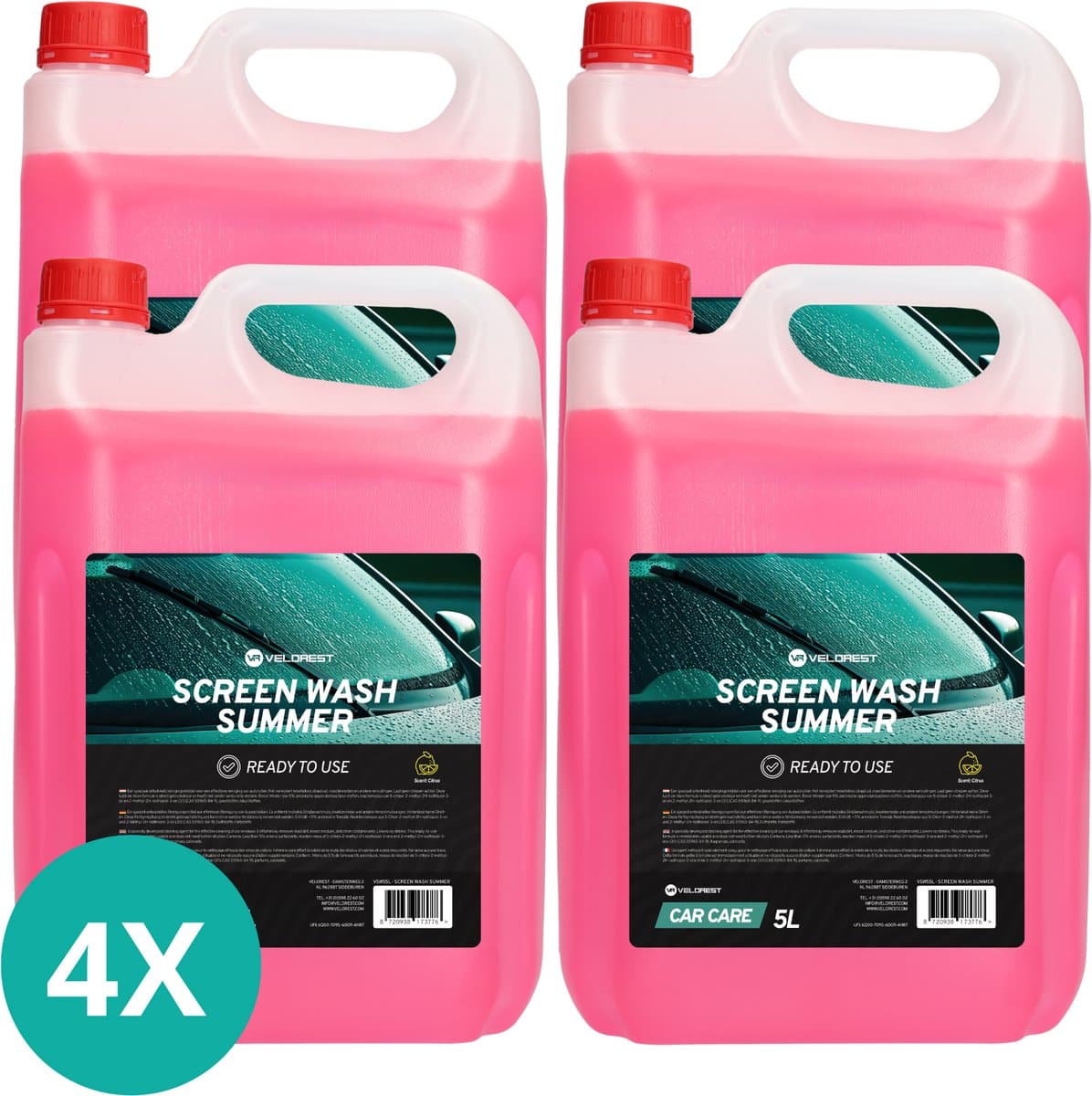 Velorest Ruitenwisservloeistof Zomer 5L (4-pack) - Ruitensproeiervloeistof - Ruitenwisservloeistoffen - Ruitenvloeistof Auto - Ruitenwisservloeistof Concentraat - Screenwash (EAN: 8720938173790)