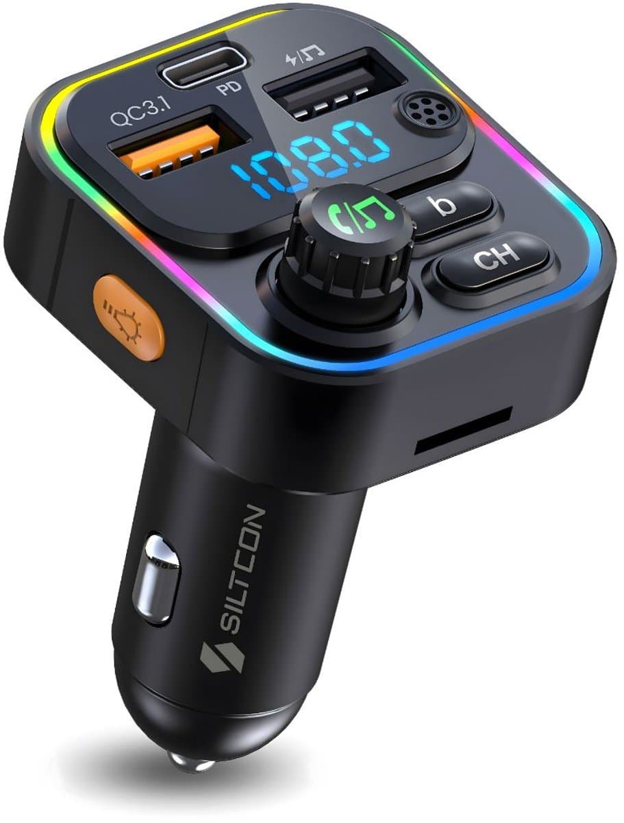 Siltcon® Bluetooth Transmitter – Fm Transmitter - Bluetooth Auto - USB-C lader 22.5W - Carkit - USB-A - SD Kaart - BT 5.3 - 2026 model (EAN: 8721082920070)