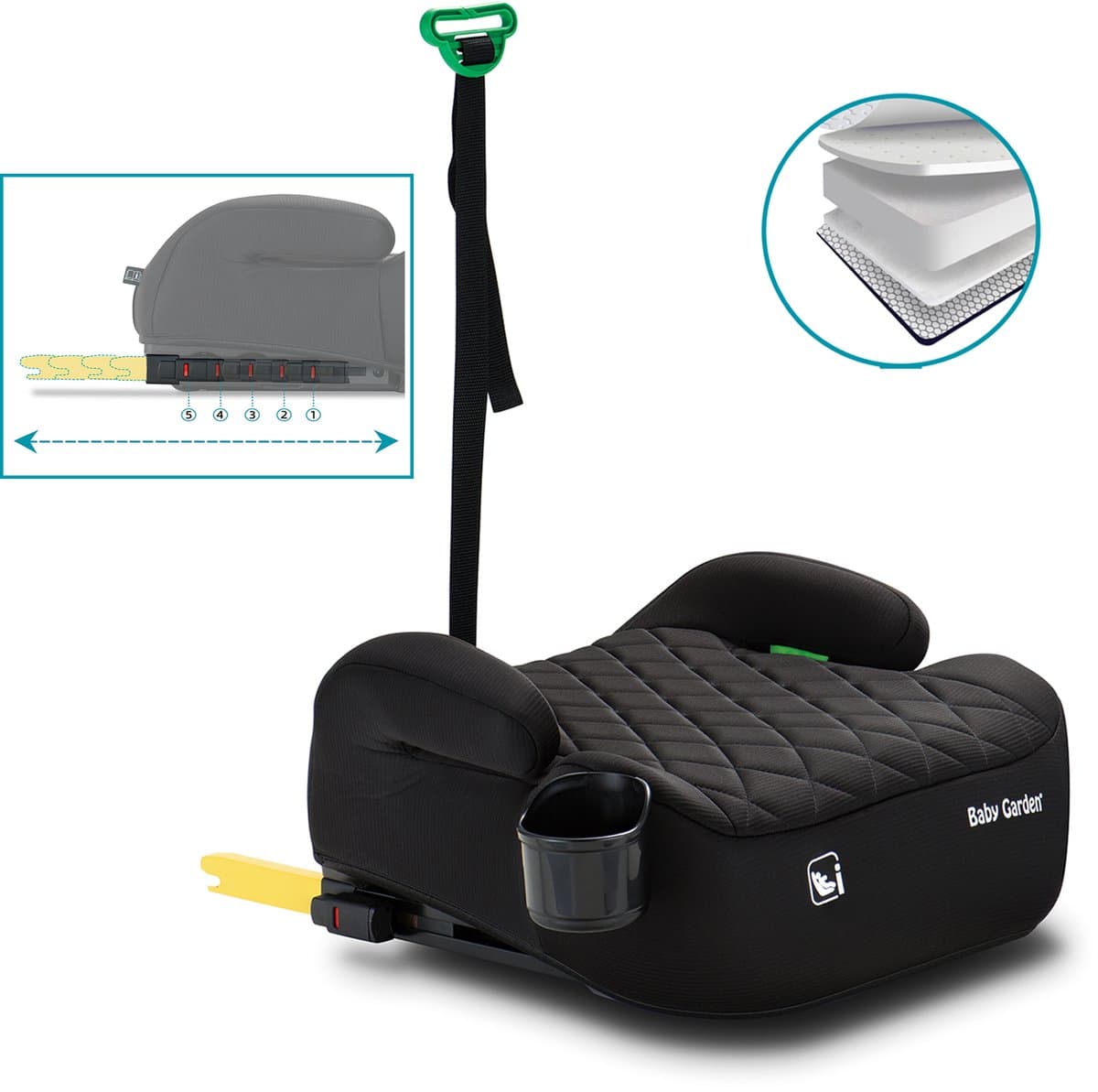 Baby Garden Auto Zitverhoger Isofix - I-Size - Autozitje - EU Gecertificeerd - Premium Comfort - Instelbare ISOFIX - Incl. bekerhouder en gordel - Nederlands Ontwerp (EAN: 8720964080918)