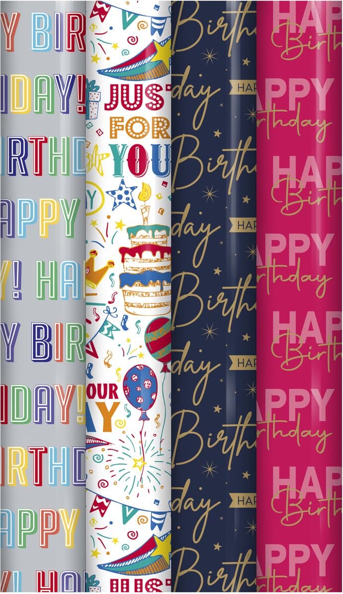 Happy Birthday cadeaupapier - Verjaardag inpakpapier voor kinderen - 300 x 70 cm - 4 rollen (EAN: 8718998041463)