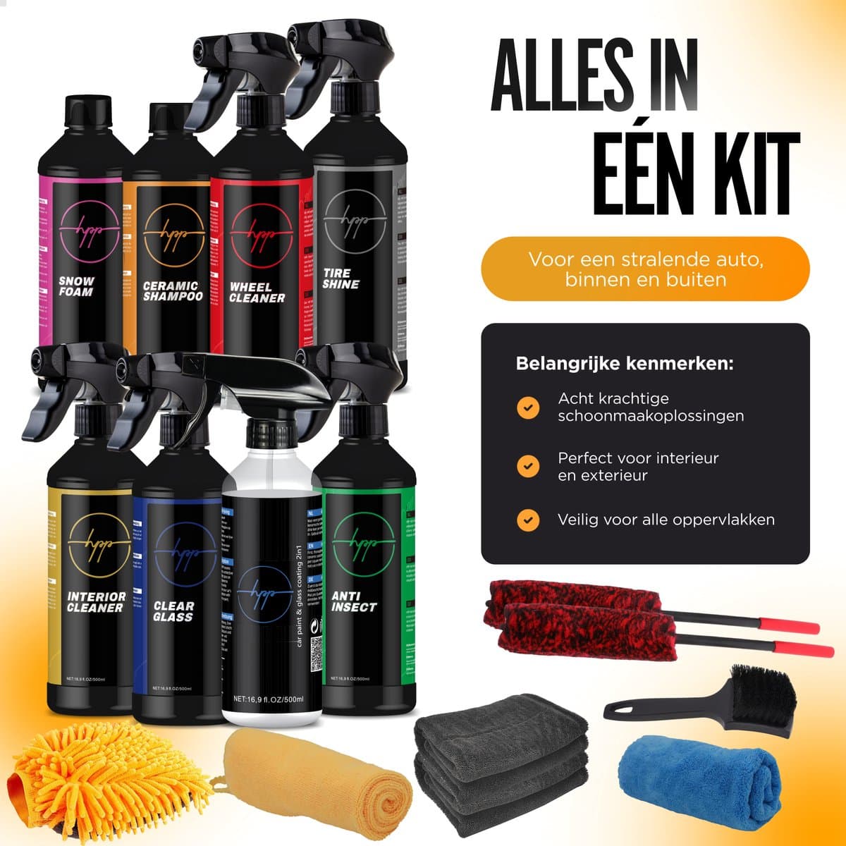Car Care HPP Auto Was Set – Compleet Autoverzorgingspakket met Shampoo, Snow Foam, Velgenreiniger, Keramische Coating, Velgenborstel en Microvezel droogdoek – Perfect voor Grondige Auto Cleaning (EAN: 8721249503092)