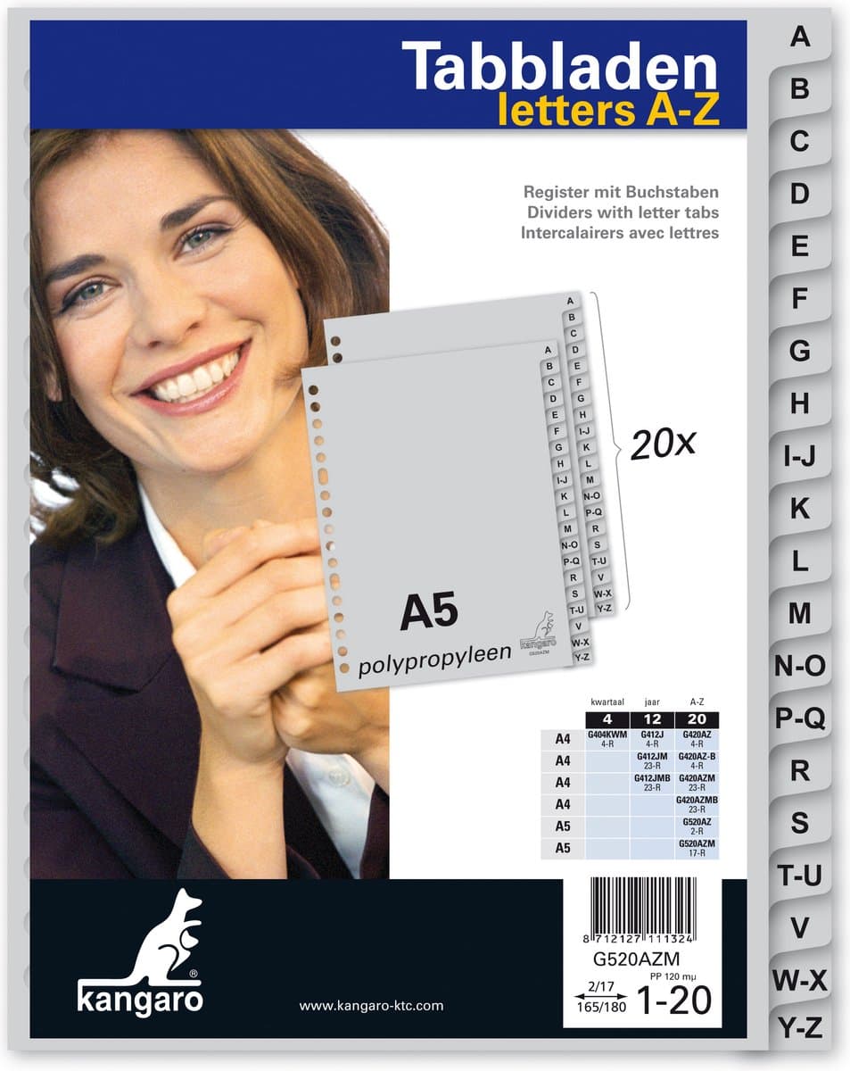 Kangaro tabbladen A5 - 20-delig met alfabet - PP 120 micron - grijs - 17-gaats - G520AZM (EAN: 8712127111324)