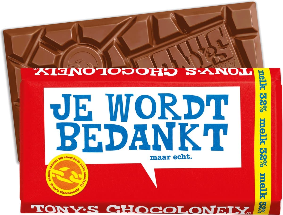 Tony's Chocolonely - Chocoladecadeau - Chocolade reep - Melk - Zeg 't met een reep Bedankt - 180 Gram - Fairtrade chocolade (EAN: 8719956493638)