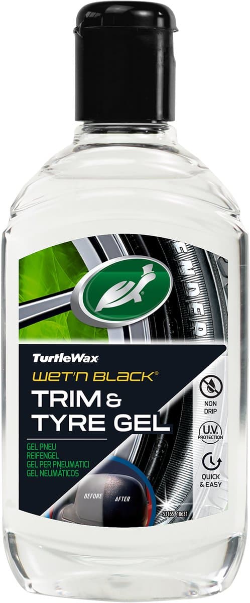 Turtle Wax Wet N Black Tyre & Trim gel - Laat een diepe zwarte glans achter op rubber & kunststof - Herstelt en zorgt voor een beschermend laag - Bestand tegen degradatie - 300ml (EAN: 5010322531651)