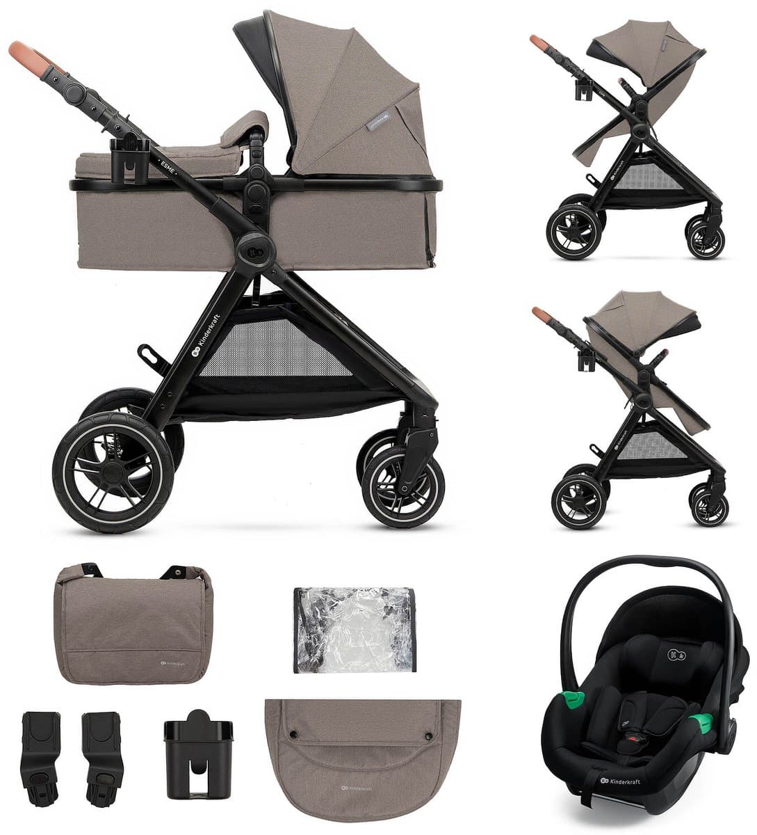 Kinderkraft ESME PRO 3-in-1 Kinderwagen – Beigekleurige multifunctionele combi met reiswieg, wandelwagen en autostoel - Beige (EAN: 5902533929368): 1. Alles‑in‑één design