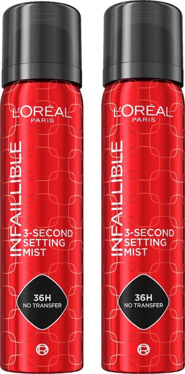 L'Oréal Paris Infaillible 3-second Setting Mist - Transferproof in 3 seconden - Houdt make-up tot 36u* mooi - 2x 75ml (EAN: 8715748491646): De heilige graal tegen 'uitgelopen' gezichten