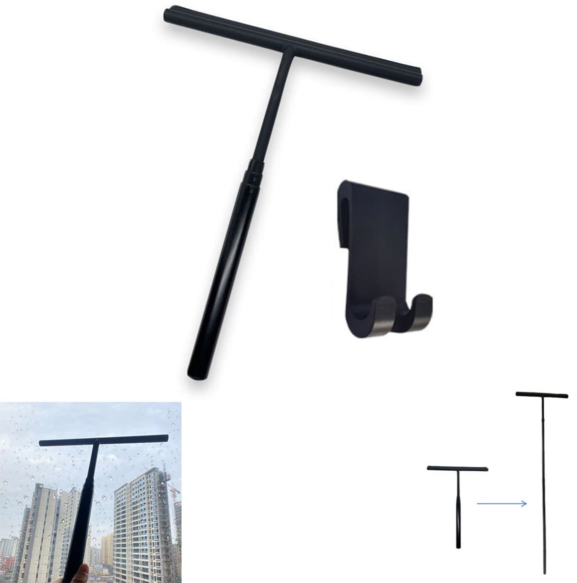 Douche trekker - Telescopisch Uitschuifbare Douchewisser - Raamwisser - Vloertrekker - Ruitenwasser - Glazenwasser - Met Ophanghaak, Telescoopstang - Siliconen Ramenwisser - Voor badkamers, glas en vloeren - Zwart - 28 x 137CM (EAN: 9389495731318)...