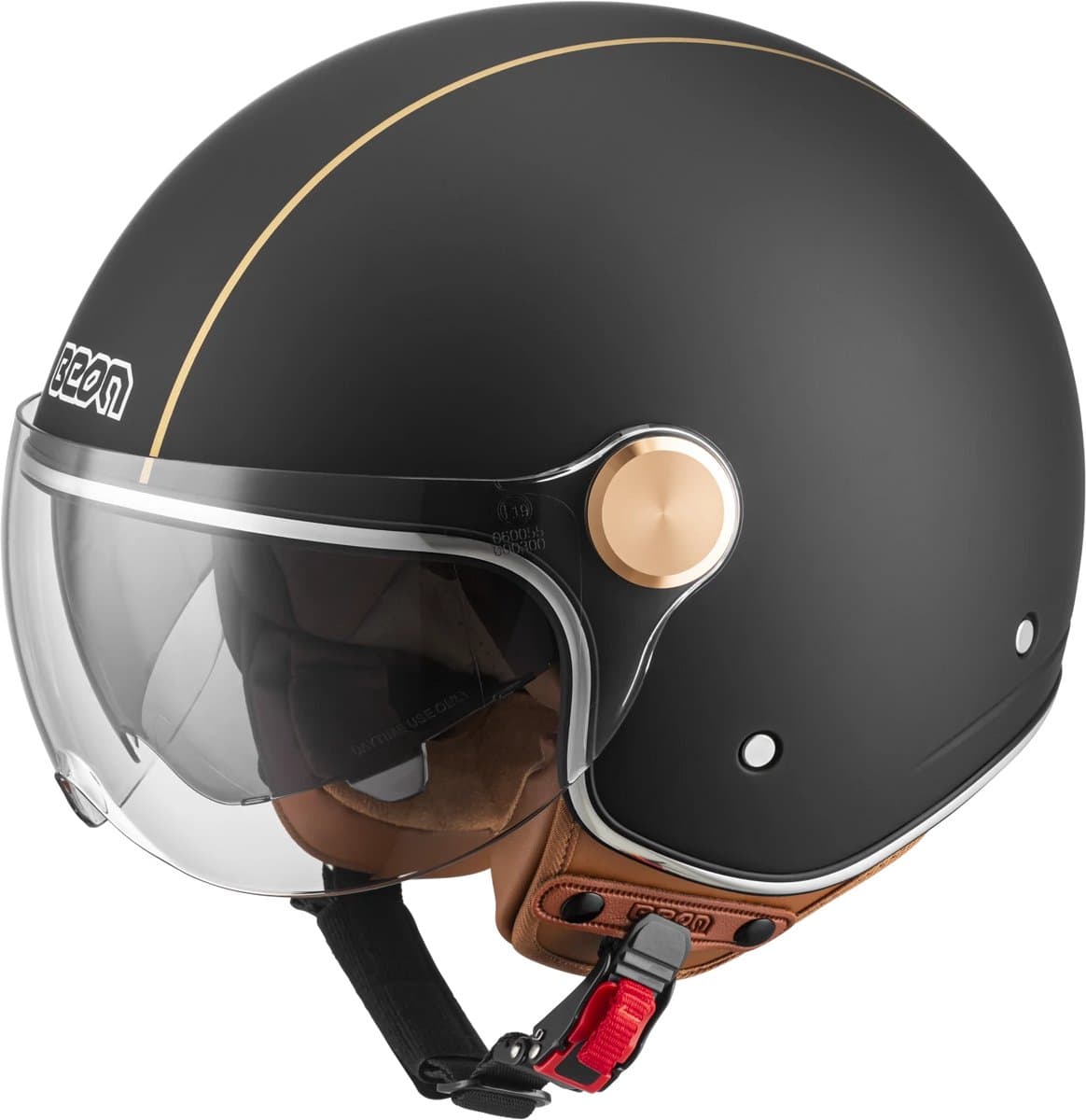 BEON B120 Scooterhelm - M - Jethelm met Zonnevizier - Motorhelm - Geschikt voor Vespa, Scooter, Brommer, Motor en Snorfiets - Mat Zwart met Bruin Leer (EAN: 8720941400951): Eerste indruk design dat echt opvalt