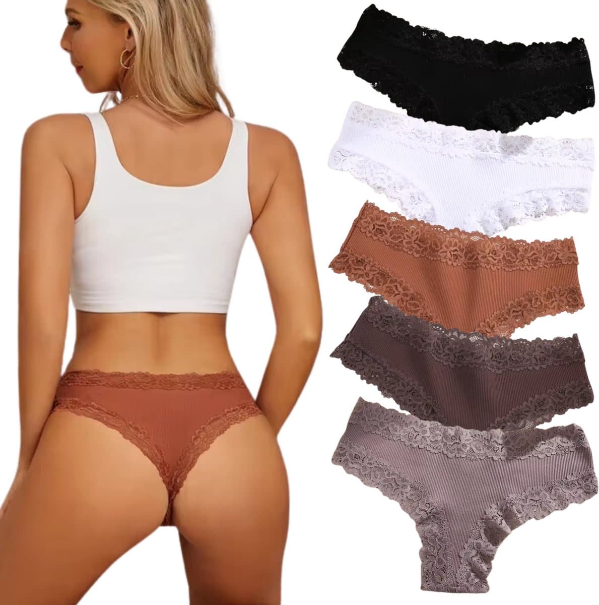 5 Pack - Sexy Dames String met Kant - Zwart, Bruin, Taupe, Nude en Wit - Onderbroek 95% Katoen - Dames Lingerie / Ondergoed Set - Brazilian Slip - Maat S (EAN: 8785290589610)