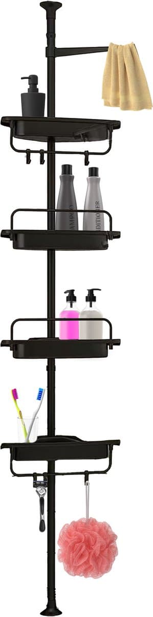 Brixy Doucherek - Telescopisch - 85-305 cm - Zonder Boren - Vloer Tot Plafond - 4 Plankjes - 3 Haken - Zwart (EAN: 8721022431260): Eerste indruk Minimalistisch & Stoer