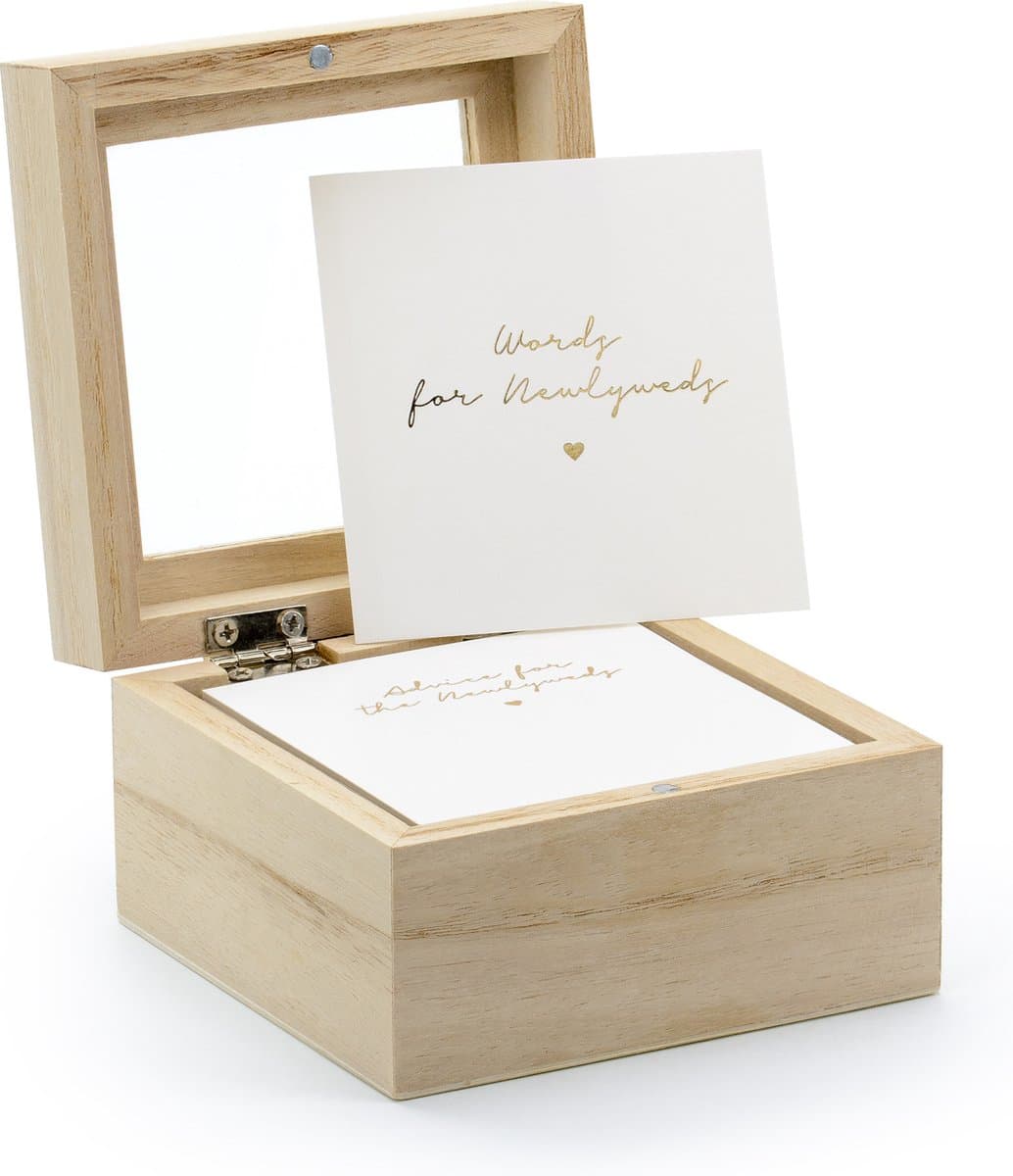 Gastenboek/huwelijksadvies box - Bruiloft - incl. 100 wensbriefjes - hout/wit - 10 x 6 cm (EAN: 5900779112452)