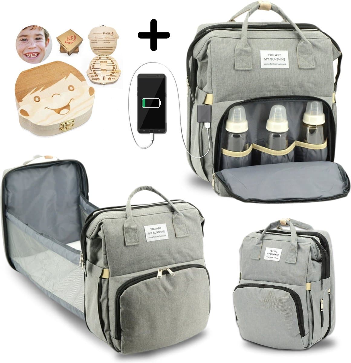 WiebelTandje Luier en Verzorgingstas met Verschoonmatje incl Houten Tandendoos JONGEN – Kraamcadeau - Watervast Baby Rugzak Tas met Uitschuifbaar Baby Box – USB Kabel - Multifunctionele Baby Luier Tas – Verzorgingstas Baby - Verschoon en Slaap Bed...