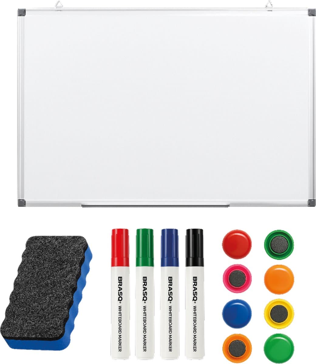 BRASQ Whiteboard 60x90 cm magnetisch – met accessoires set (markers, wisser, magneten) - Schoolbord - Magneetbord – Wit (EAN: 8720929106554)