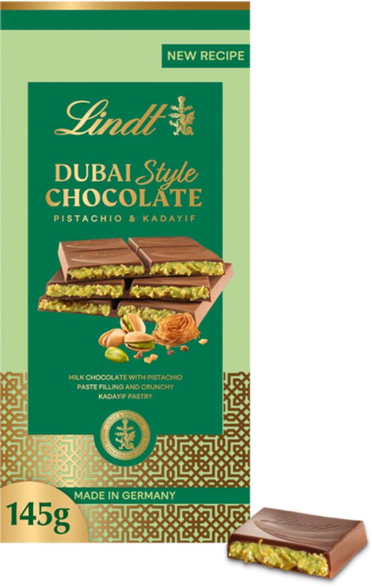 Lindt DUBAI STYLE Chocoladereep Pistache 145 gram - Melkchocolade, Kadayif, Pistache noten - Premium Dubai Style chocolade (EAN: 4000539142567)