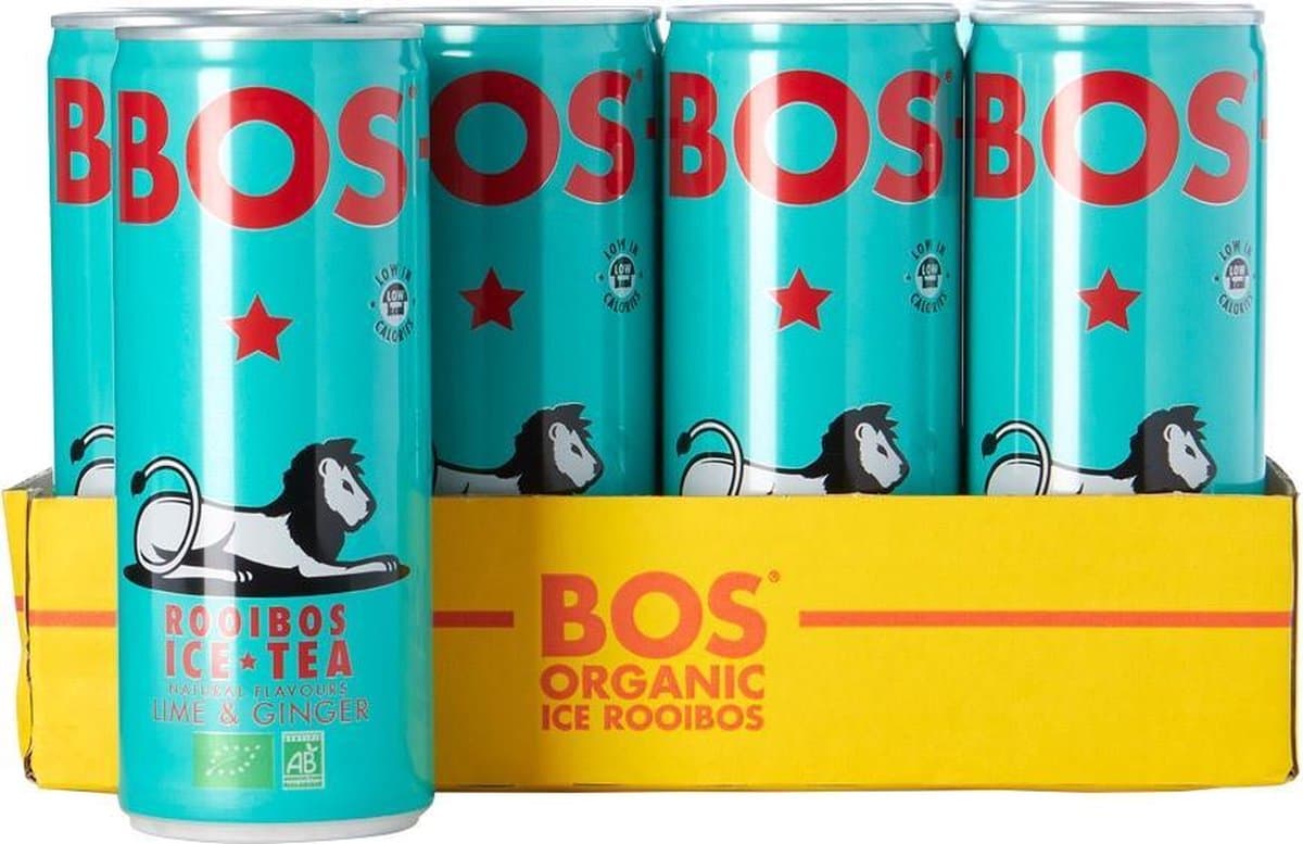 BOS | Organic Ice Tea | Rooibos Lemon & Ginger | Koolzuurvrij | Tray 12 blikjes x 25cl (EAN: 6009880030651)