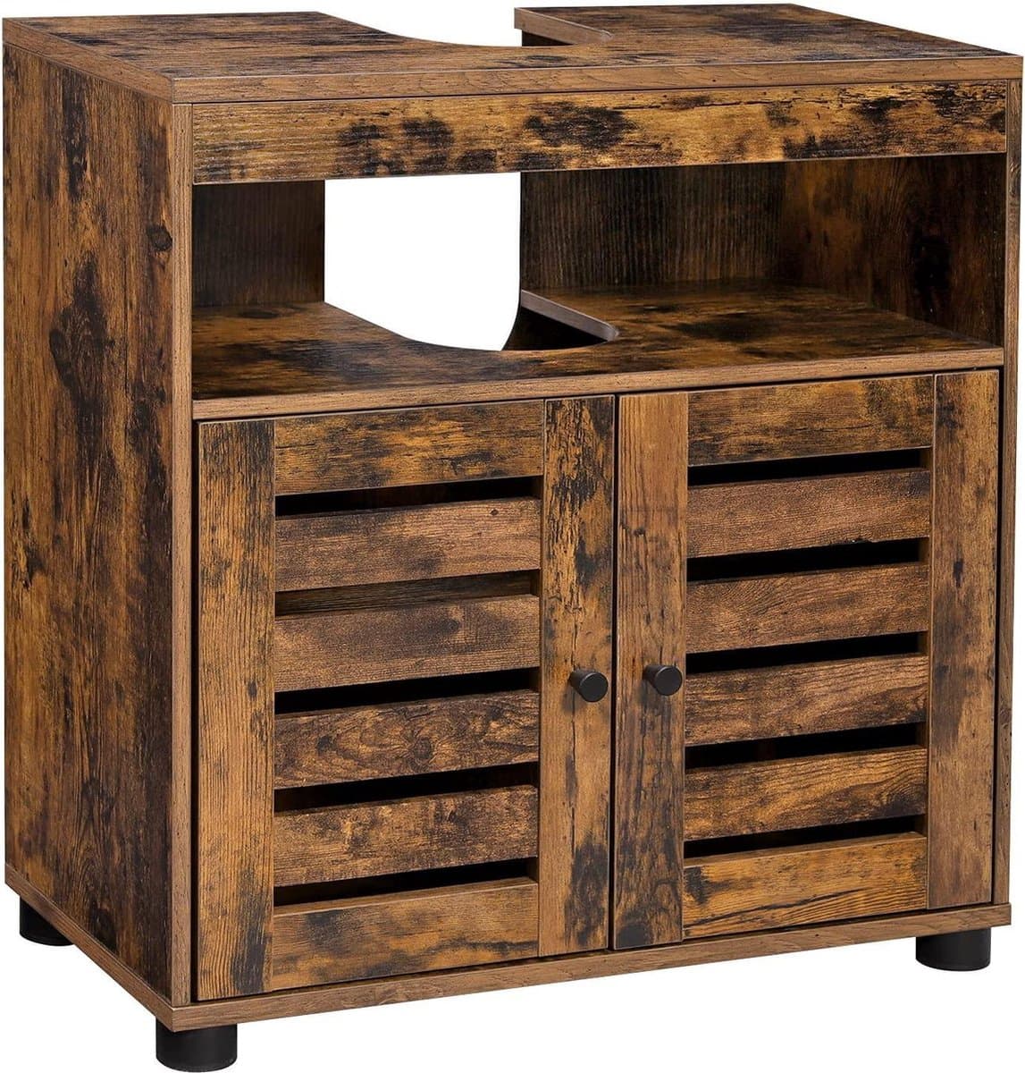 Nancy's Gaboury Badkamermeubel - Wastafelonderkast - Uitsparing - Open Vak - Openslaande Deuren - Industrieel - Bruin - Zwart - Bewerkt Hout - 60 x 30 x 63 cm (EAN: 6091018410497): Eindelijk een kastje met karakter 🪵