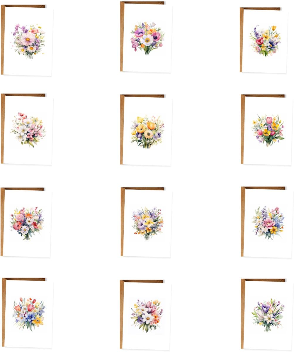 Set 12 Minimalistische Wenskaarten Met Bloemen - Zonder tekst – Blanco kaarten voor meerdere gelegenheden - Ansichtkaarten - (incl. envelop, 10x15 cm) (EAN: 8785365703798)