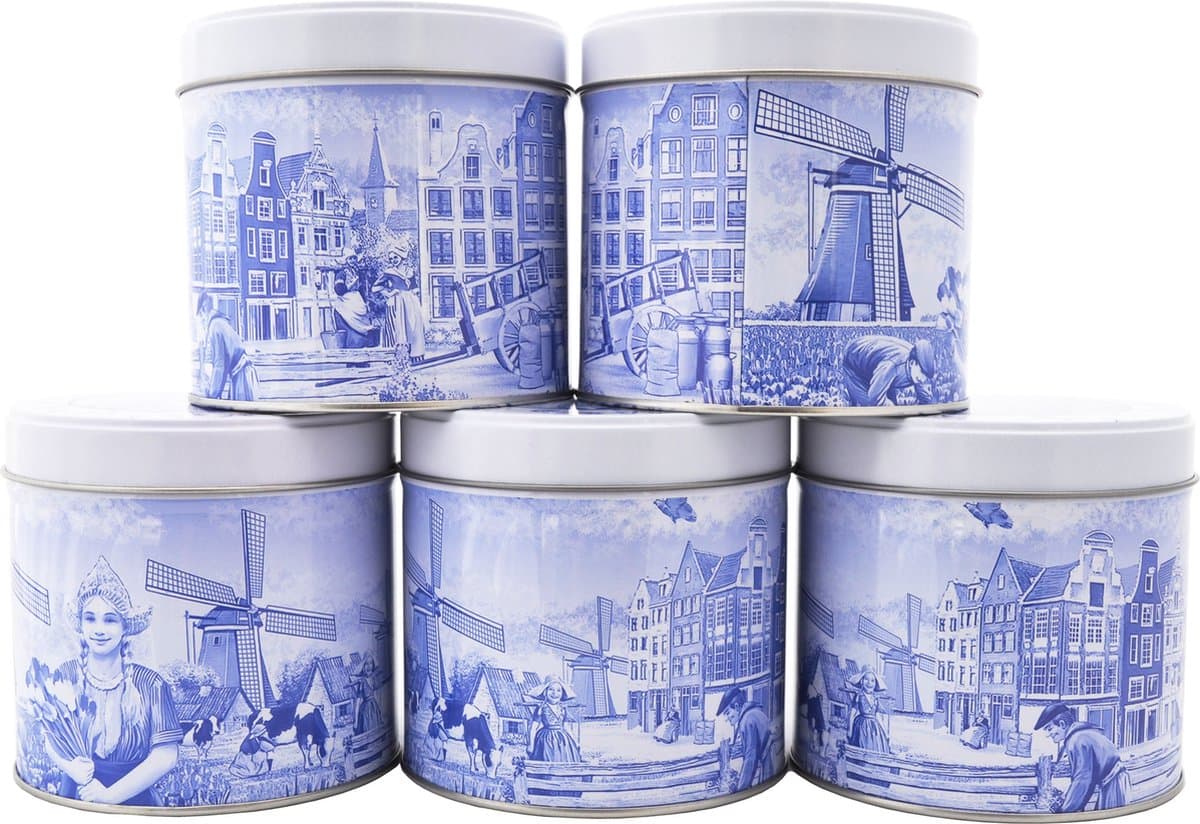 Stroopwafels in Delfts blauw blik - Doos met 5 blikken - 250 gram per blik - 8 stroopwafels per blik (40 koeken) (EAN: 8718503121352)