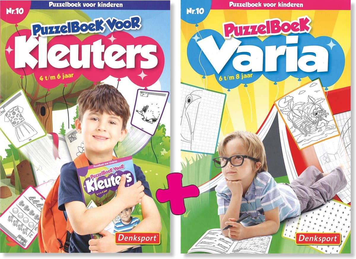 Denksport - Kinderpuzzelboeken - 2 puzzelboeken - Kleuters (4 t/m 6 jaar) + Varia (6 t/m 8 jaar) (EAN: 8715311130002)