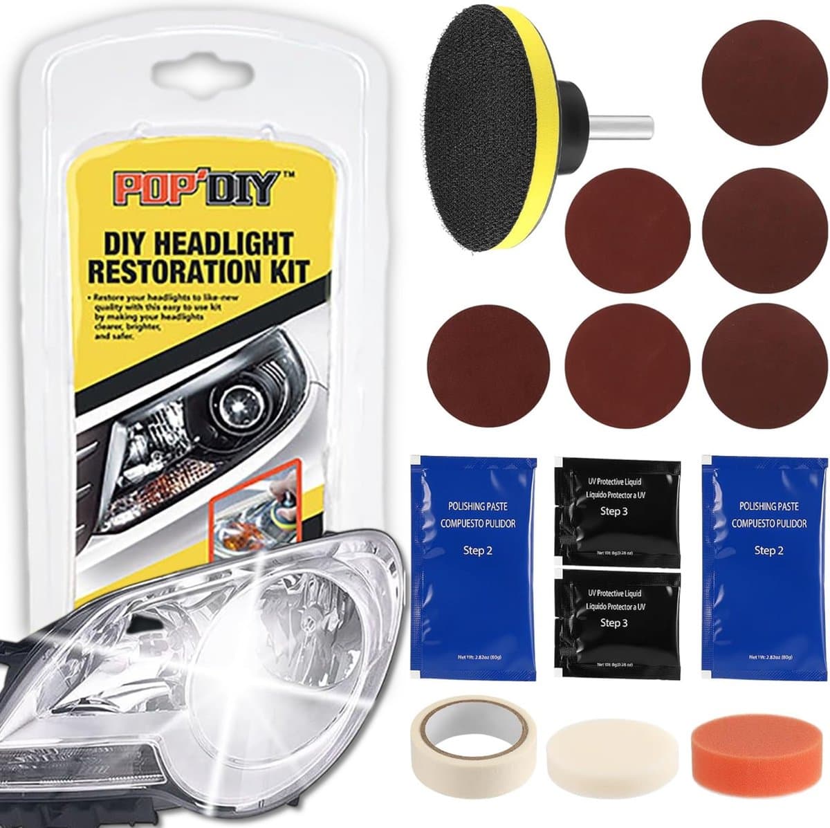 POP'DIY Koplampen Polijst Set - Complete Koplampen Renovatie / Restauratie set - Koplampen Opknappen - Headlight Restauration (EAN: 5055610830375): 📦 Wat zit er in de set