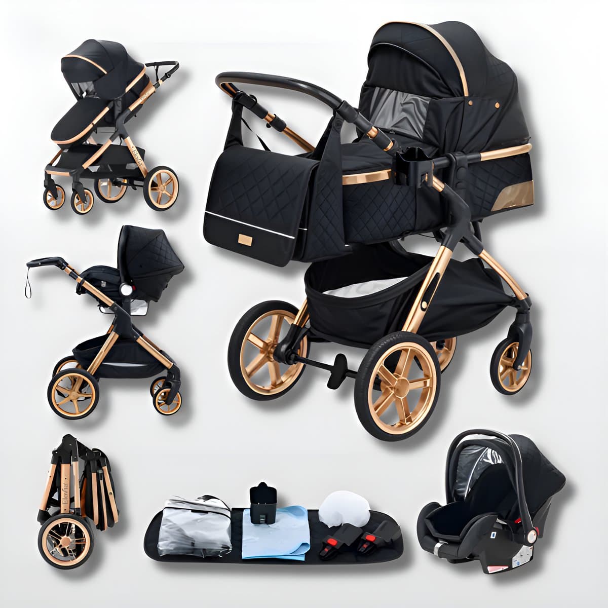 Kinderwagen 3 in 1 Zwart - incl. Àutostoel - 0-25kg - Luiertas- XXL - Buggy 3in1 - Verstelbare duwstang - Opvouwbaar - Wandelwagen - XXL zonnekap - Rubberen wielen - Reiswieg- 8 cadeaus- Elovia (EAN: 8721325492029): Een all-in- one voor alle kinde...