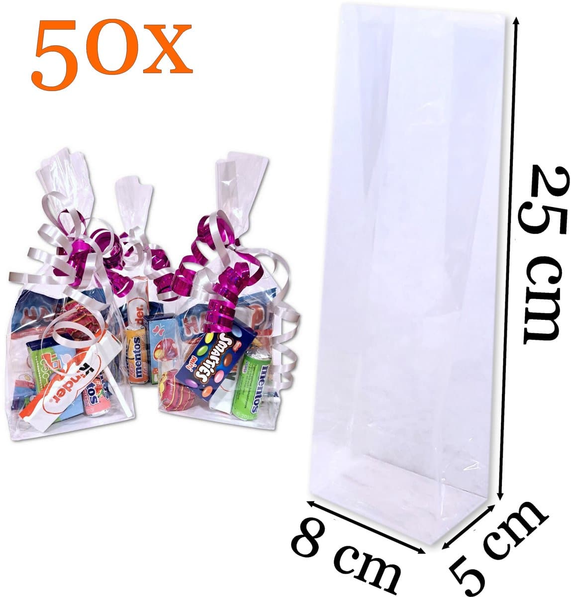 Prigta - 50x Uitdeelzakjes / traktatie zakjes - 8x5x25 cm - snoepzakjes - cellofaanzakjes transparant verpakking zakjes / geschenkzakjes cellofaan - blokbodemzakjes - plastic zakjes voor traktatie (EAN: 8720682331057)