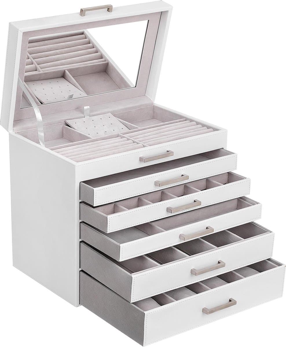 Sieradendoos - met 6 niveaus en 5 lades - spiegel - wit (EAN: 8720254448206)