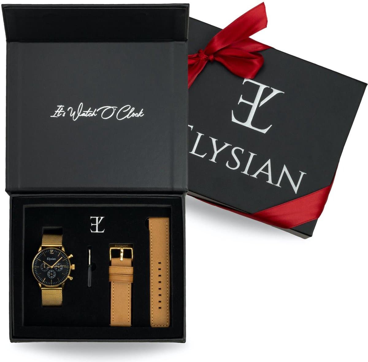 Elysian - Horloge Geschenkset mannen - Gouden mesh horloge geschenkdoos met leren horlogebandje - Roestvrij Staal - Vaderdag Cadeau (EAN: 5430001949599)