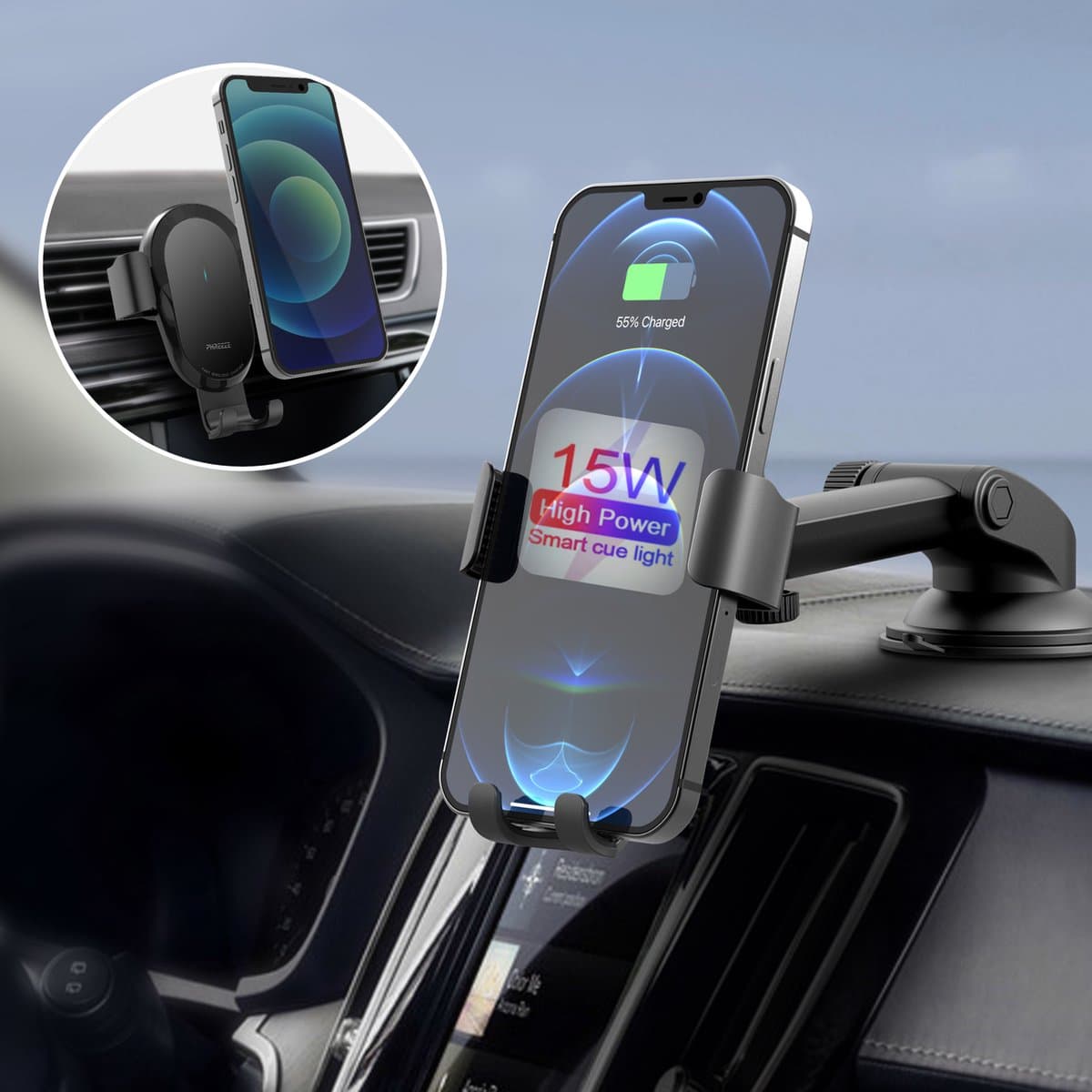 Telefoonhouder Auto met Qi Draadloze Oplader Auto (15 Watt snellader) - Infrarood Sensor detectie- Ventilatierooster, Raam, Dashboard - Autohouder - GSM Mobiel - Zwart (EAN: 8720577281023): Wat precies is dit