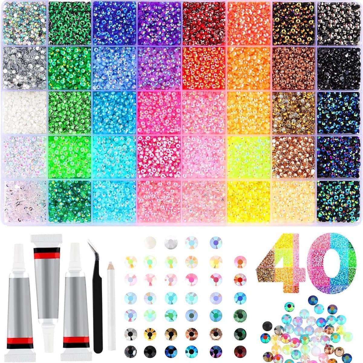 Luxe Strasssteentjes Set - 32.000 Stuks - 40 Kleuren - XXL DIY Rhinestones Kit met 3x 10ml Lijm - Plaksteentjes voor Kleding, Mokken, Schoenen & Nagels - Hobby Pakket - 0.3 cm (EAN: 9318528241722): Een regenboog in een doos