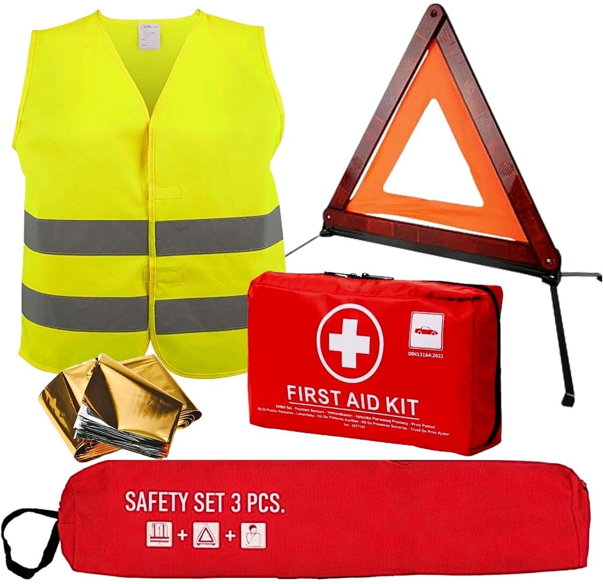 Auto Veiligheidsset 4-Delig incl. EHBO Kit – Gevarendriehoek, Veiligheidsvest & Reddingsdeken – Verplicht in Europa – Auto Noodset / Reis Veiligheid Set (EAN: 9502615368366)