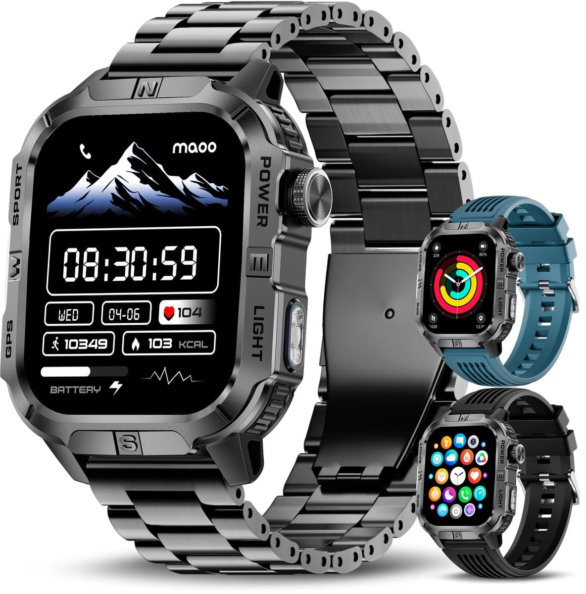 Maoo FORGE GPS Square - GPS Smartwatch Heren - Sporthorloge - 3 Bandjes - Stappenteller - Hartslagmeter - Slaapmonitor - Belfunctie - LED Zaklamp - Multisport - Geschikt voor Android en iOS - Gun Metal Blue (EAN: 8721082650243)