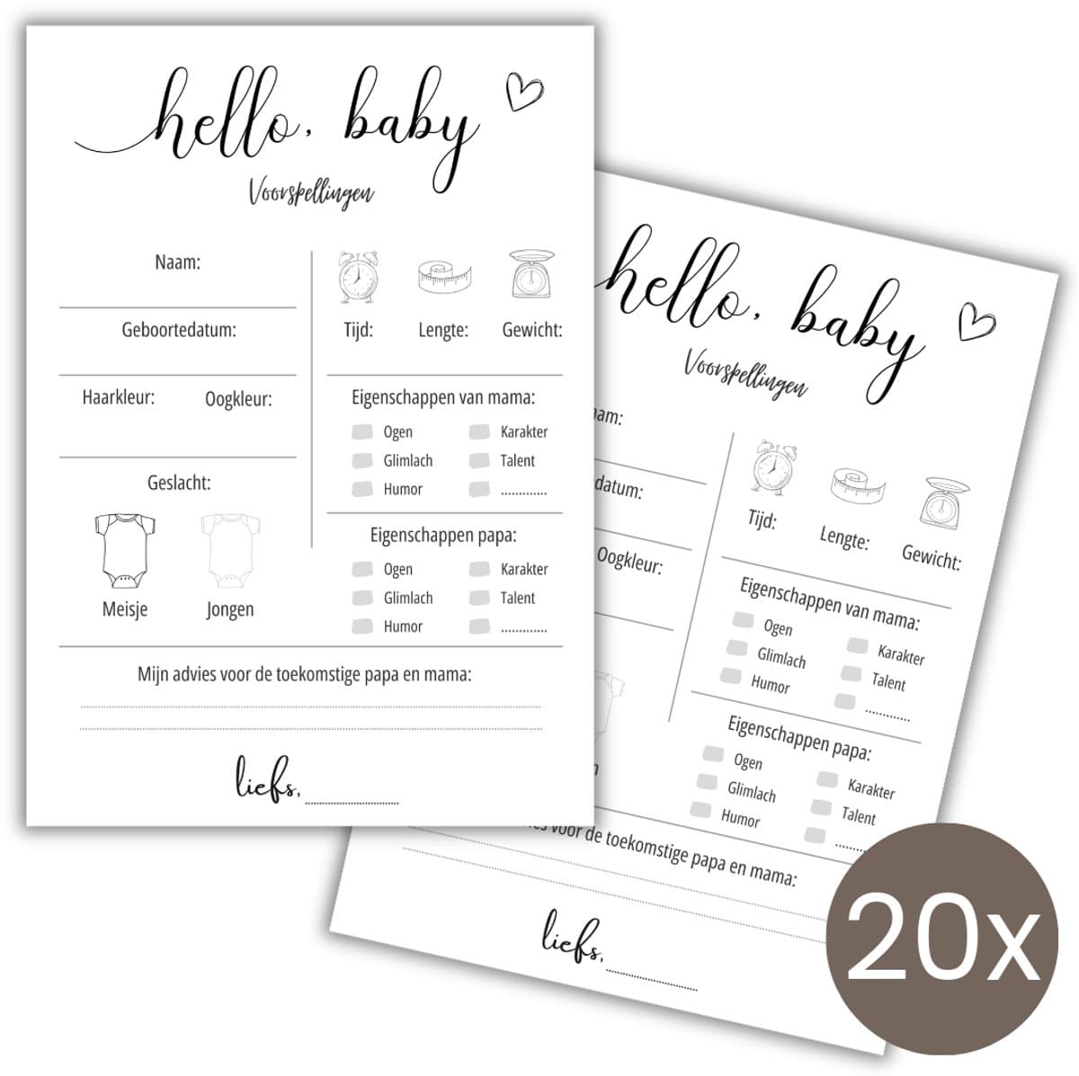 Babyshower Invulkaarten 20 stuks - Voorspellingskaarten - Babyshower Spelletjes - Jongen of Meisje - A6 - Zwart Wit (EAN: 8721381360188)