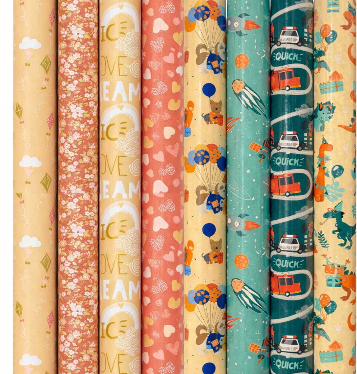 "DreamLand" – (8 STUKS) – 200×70 cm – Inpakpapier – Jongens & Meisjes – Fantasie – Sprookjes - Dinosaurus, Ruimte, Vosjes, Ballerina, Zeedieren, Bloemen & Eenhoorns Cadeaupapier (EAN: 6151807375328)