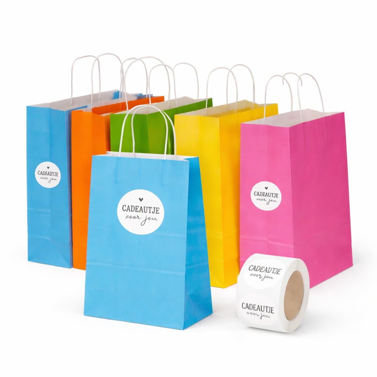 25 x papieren draagtassen Van Kraftpapier mix 1 kleuren 18x8x22cm Met Handvat en stickers cadeautje voor jou 4cm geel roos groen blauw oranje / Kraft Papieren Tasjes / Cadeautasjes met gedraaid handgrepen / Zakjes/ (EAN: 5407008944810)