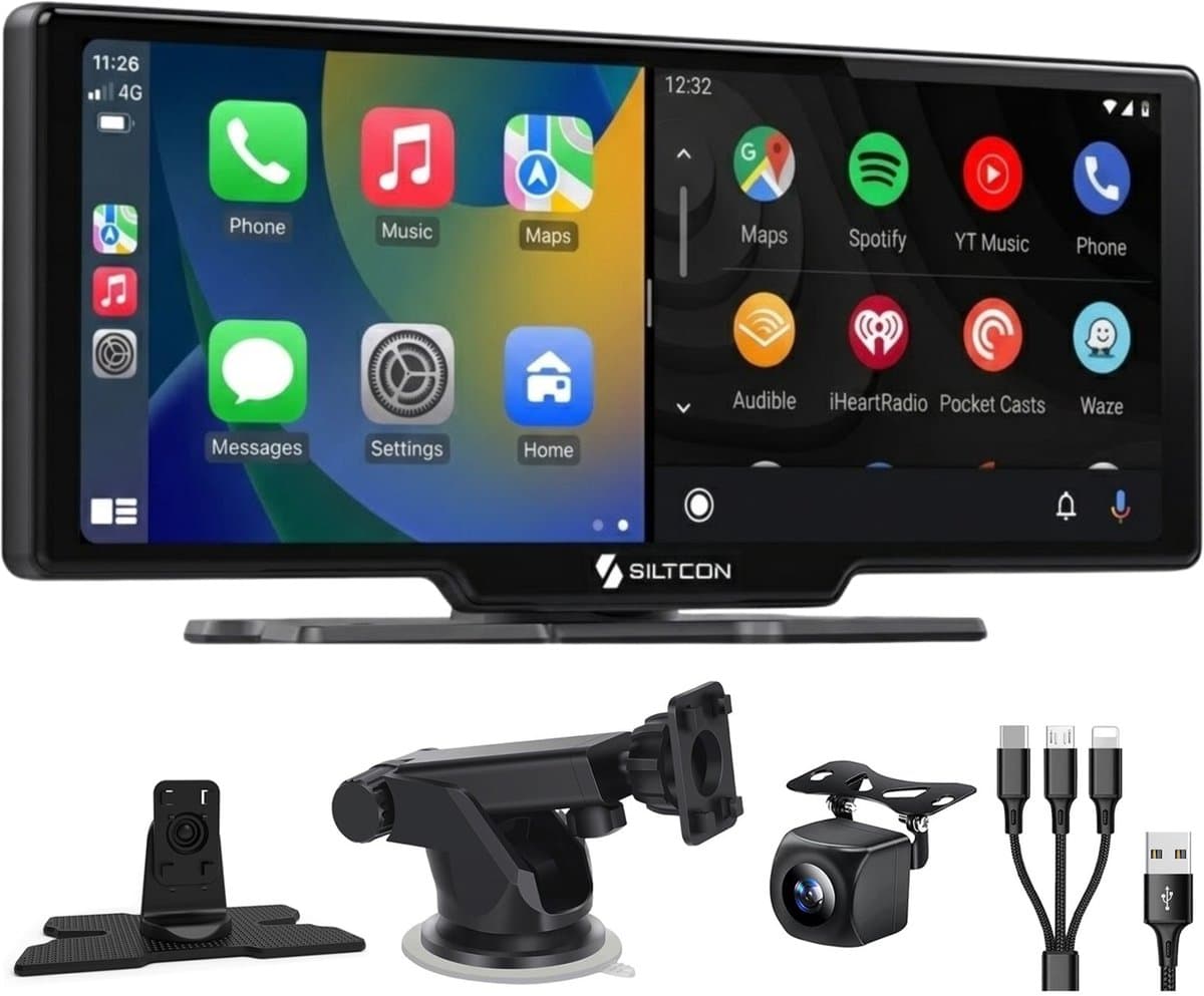 Siltcon® Geschikt voor CarPlay Scherm 10.26 Inch – Geschikt voor Android Auto Scherm – Navigatiesysteem Auto – Auto Scherm – Universeel – Touchscreen & HD Achteruitrijcamera - Incl. Telefoonkabels (EAN: 8721082920636)