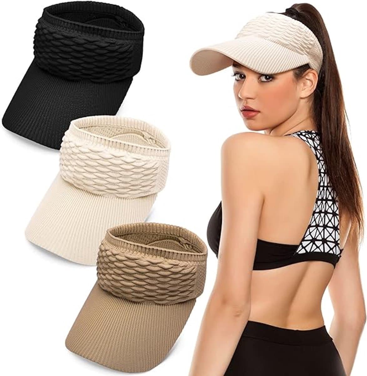 3 stuks - Zonnehoed - Brede Rand - UV-bescherming - Zonneklep pet voor volwassenen - Dames Vizier Zonnehoed - Paardenstaart Strandhoed - Gebreide hardloophoed - Elastische sportmutsen - Golfmuts - Zomer - Zonnekleppen - Zwart, Khaki en Bruin (EAN:...